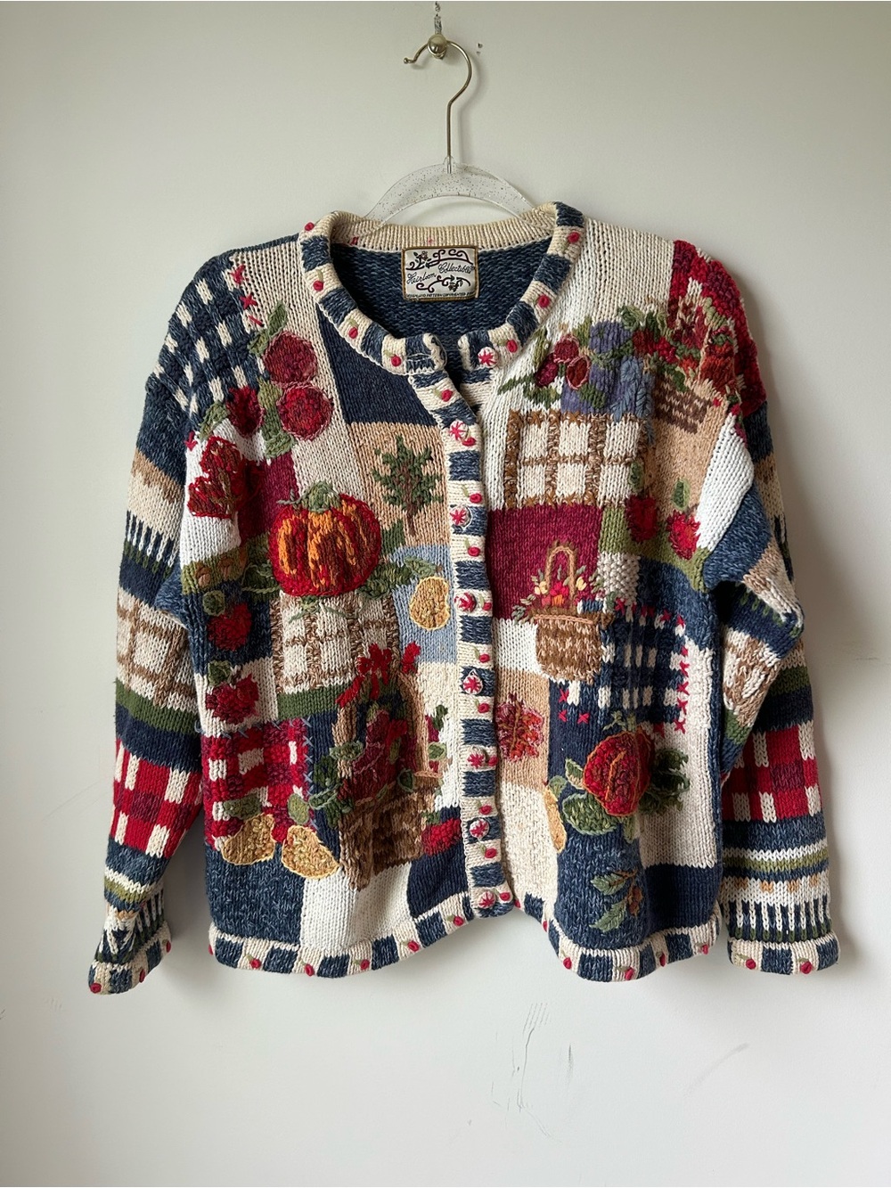 VTG Heirloom Collectibles Fall Patchwork Knit Cardigan Sweater 2002